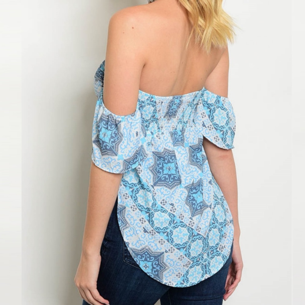 Off Shoulder Tops Boho Print Cotton Top Blue - Picture 2 of 4